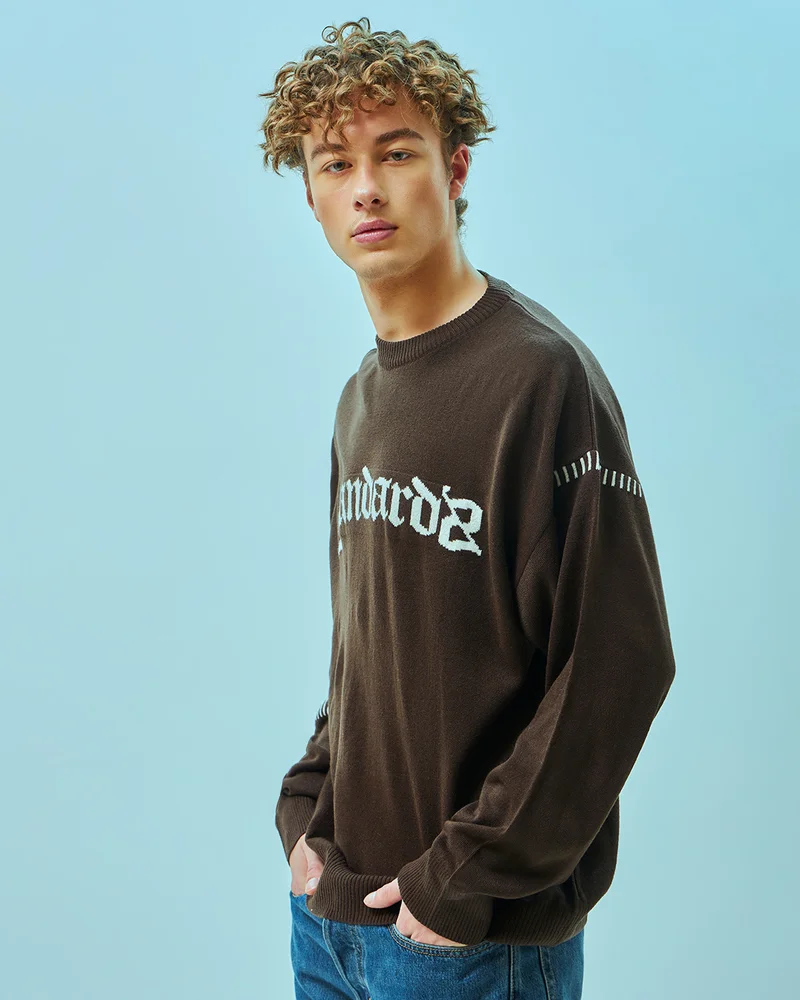 بيواكوف Men's Brown Standard Typography Super Loose Fit Flat Knit Sweater